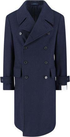 Caruso Navy Blue Double-Breasted Wool Coat With Classic Lapel