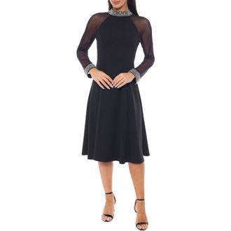 OLEG CASSINI Beaded Mock Neck Cuff A-Line Dress in Black at Nordstrom Rack, Size Medium