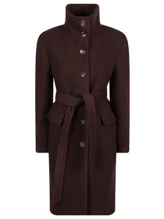 Pinko Belted Brown Wool Blend Coat with High Stand Collar