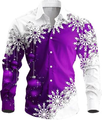 Generic Mens Christmas Shirts Funny Xmas Snownflake Santa Claus Print Casual Tops Mens Novelty Christmas Tree Long Sleeve Regular Fit Button Down T-Shirts Hol