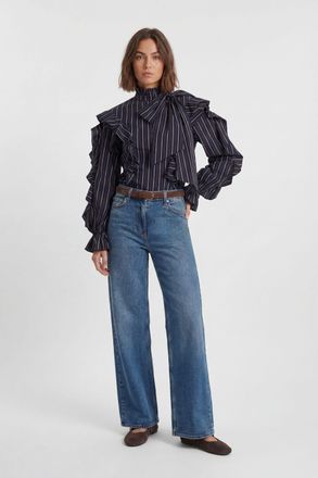 Karen Millen Womens Ruffle Front Cotton Stripe Pussy Bow Blouse - Multicolour - Size 10 UK