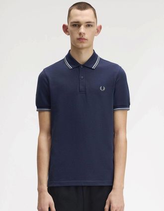 Fred Perry Mens Fred Perry Mens Twin Tipped Signature Polo Shirt - Tennis Blue/Silky Peach/Flamingo Tan Z57 - Navy - Size: 40