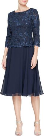 Alex Evenings Embroidered Bodice Mock Cocktail Dress in Navy at Nordstrom, Size 14P