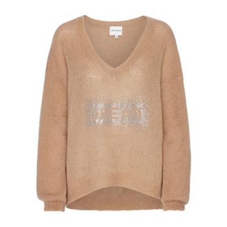 Americandreams Silja V Neck Crystal Pullover - Dames - V-hals truien - Bruin - M - Wol - Truien & Vesten