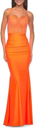 La Femme Rhinestone Bodice with Ruched Jersey Skirt Prom Dress in Bright Orange at Nordstrom, Size 10