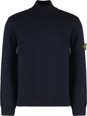 Stone Island Blue Logo Patch Turtleneck Sweater