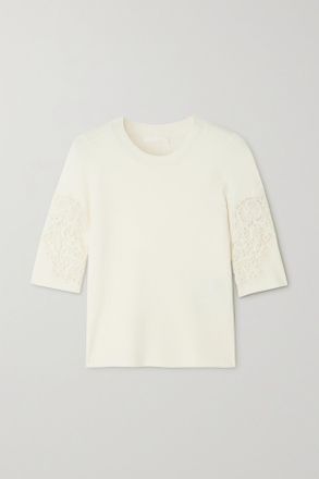 Chlo&eacute; Maglia In Misto Lana A Coste Con Finiture In Pizzo Guipure - Bianco