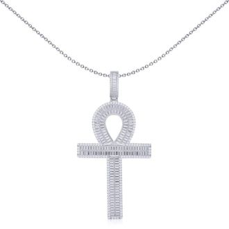 Jewelco London Silver Baguette CZ Encrusted Ribbed Ankh Cross Pendant - APX051