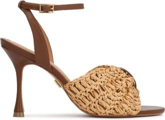 Kazar Bruine stiletto sandalen met raffia strik - Dames - Sandalen met hakken - Bruin - 35 EU - Leer - Schoenen