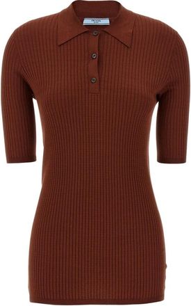 Prada Ribbed Polo Shirt - Dames - Polos - Bruin - S - Katoen - Tops