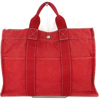 Herm&egrave;s Red Color Cotton Handbag Tote Bag (Pre-Owned)