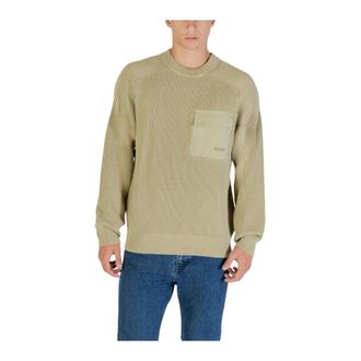HUGO BOSS Hugo, Round-neck Knitwear, male, Beige, Size: 2XL Round Neck Long Sleeve Knitwear with Pocket