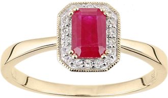 Jewelco London 9ct Gold Diamond Octagon Ruby Octagon Mill Grain Halo Ring - DR1AXL619YRU