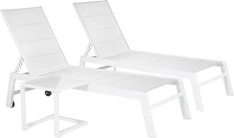 Happy Garden Lote de 2 tumbonas y mesa auxiliar de textileno blanco y aluminio
