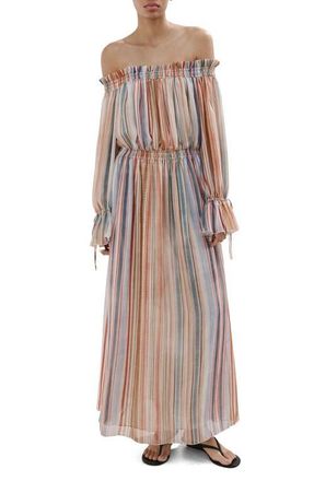 Mango Stripe Long Sleeve Off the Shoulder Maxi Dress in Ecru at Nordstrom, Size 10
