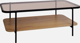 Sweeek Mesa De Centro Vintage De Metal Negro Con Tapa De Cristal Y Decoraci&oacute;n De Madera