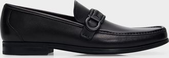 Ferragamo Men & apos;s Side-Gancini Leather Moccasin Loafers with Hand-Woven Strap