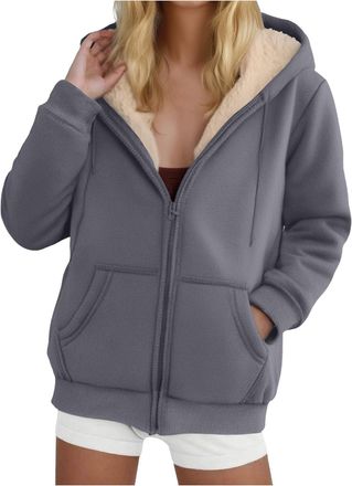 Generic Womens Teddy Fleece Hoodies Warm Sherpa Lined Fuzzy Sweatshirts with Pockets Oversized Full Zip Hooded Jacket Ladies Winter Warm Jumper Coat Outwear T