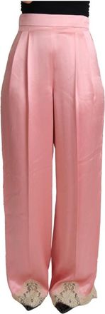 Dolce & Gabbana Wijde broek van zijde-mix met kanten afwerking - Dames - Wijde Broeken - Roze - M - Katoen - Broeken