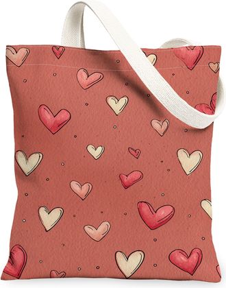 Generic ValentineS Hearts Canvas Tote Bags, Romantic Love Pattern Reusable Grocery Bags, Lightweight Washable Shoulder Strap, Peach, 13x15 Inch