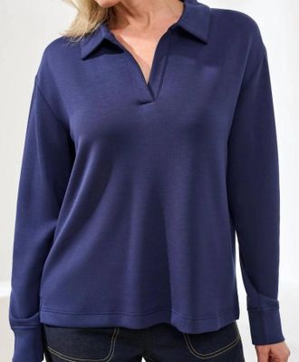 Tribal Techno Lux Scuba Johnny Collar Top In Jet Blue