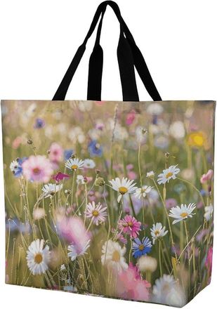 Generic Flowers In The Field Shoulder Bag Waterproof Tote Bag Durable Grocery Bags For Travel Ladies Daily Use