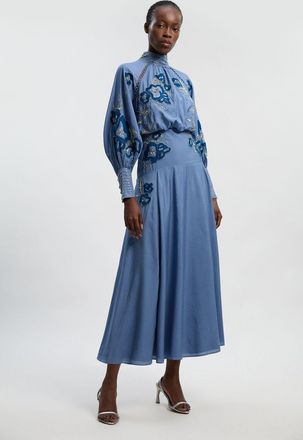 Karen Millen Womens Petite Balloon Sleeve Embroidered And Beaded Woven Maxi Dress - Blue - Size 10 UK