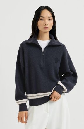 Brunello Cucinelli Cashmere English rib turtleneck sweater with half-zip and logo in Navy Blue at Nordstrom, Size Xx-Large