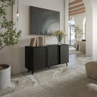 Dmora Aparador Loreo, Aparador De Sal&oacute;n Con Tres Puertas Batientes Y Compartimentos Interiores, Elevado Del Suelo, 151x42 H70 Cm, M&aacute;rmol Y Negro