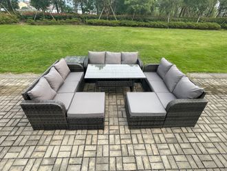 Fimous Wicker PE Rattan Sofa Outdoor Garden Furniture Set with Rectangular Dining Table 2 Big Footstool Side Table Dark Grey Mixed