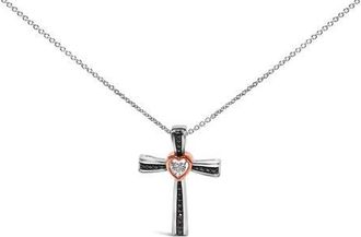 House of Brilliance 14K Rose Gold Plated Sterling Silver Black Rhodium Diamond Accent Heart Cross Pendant Necklace in White Gold Over Silver at