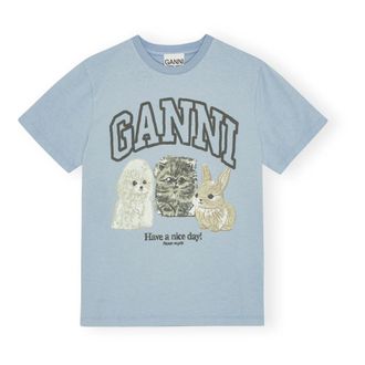 Ganni Tops, Dames, Blauw, S, Katoen, T-shirt van katoen met dierenprint
