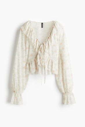 H&M Mesh-Bluse mit Volants - Weiss/Gebl&uuml;mt