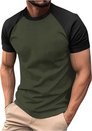 Generic T Shirts for Men UK Summer Tops European Color Blocked Twill Business Sport Raglan Sleeves Men Trendy Short Sleeved T-Shirt (1-Green, L)