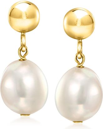 RS Pure by Ross-Simons 5-6mm Cultured Baroque Pearl and 14kt Yellow Gold Bead Drop Earrings