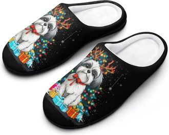 Generic Cute Shih Tzu Dog Christmas Mens House Slippers Memory Foam Washable Cotton Slip on Home Shoes