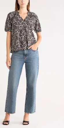 Melrose and Market Relaxed Button Front Shirt in Black- Ivory Jules Floral at Nordstrom Rack, Size Medium