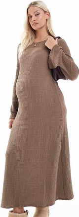 Mama Licious Mamalicious Maternity textured maxi dress with flared sleeve in taupe-Neutral