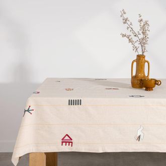 Maisons du monde Mantel de algod&oacute;n beige con flores, 150x250 cm