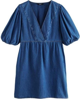 Next V-Neck Puff Sleeve Denim Minidress with Pockets in Blue at Nordstrom, Size 6 Us
