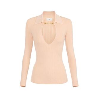Elisabetta Franchi V-neck Knitwear, female, Beige, L, Top in ribbed knit fabric with openwork details