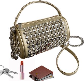 Generic Shoulder Bag - Punk Style Wristlet Purse Organizer, Cylinder Square Studded Tote Bags, Rock Fashion Bag for Girls Women, Trendy Stylish Casual Accesso