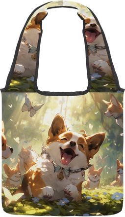 Generic Cute corgi Puppy Reversible Canvas Shoulder Tote - Double-Sided Print, 12oz Cotton, 27cm Drop, Fold-Flat Bag for Travel, Shopping, Street Outings