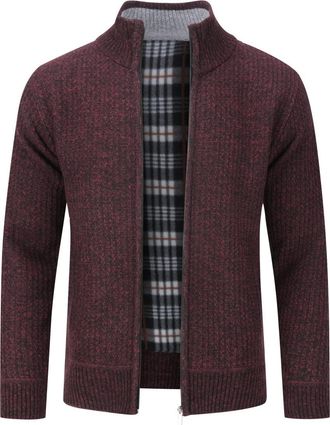 AlltheMen YOUTHUP Mens Cardigan Fleece Lined Knitted Coat Stand up Collar Thick Sweater Full Zip Winter Knitwear,Wine Red,XXL