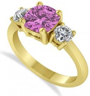 Allurez Cushion & Round 3-Stone Pink Sapphire & Diamond Engagement Ring 14k Yellow Gold (2.50ct)