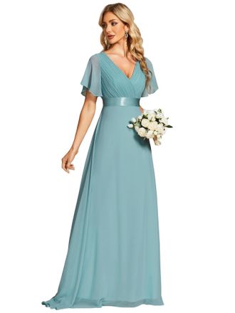 Ever-pretty Womens Double V-Neck Short Flutter Sleeves Empire Waist Elegant Chiffon Long Plus Size Evening Dresses Dusty Blue 26UK