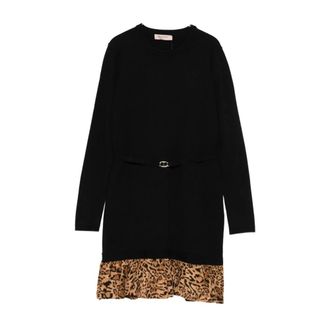 Twinset Short Dresses, female, Black, L, Ruffled Animalier Print Black Dress