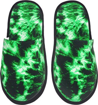 Generic Camping Slippers Green Tie Dye Non-Slip Fleece Slippers Furry Cotton Slipper For Travel Guest Room Home M