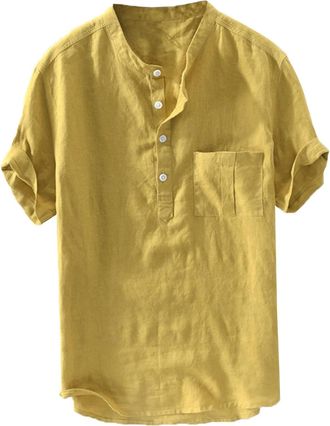 Generic Mens Linen Shirts - Mens Button Down Grandad Shirt Short Sleeved Loose Summer T Shirts Mens Hippie Shirts Grandad Collar T-Shirts for Men Regular Fit 