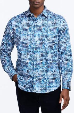 Robert Graham Hester Tile Print Stretch Cotton Button-Up Shirt in Blue at Nordstrom Rack, Size Xxx-Large